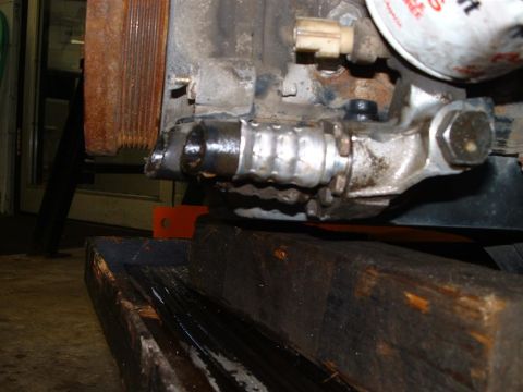 1996 Ford Crown Victoria - A close-up view of an engine oil cooler line, showing signs of potential leakage into a drain pan.