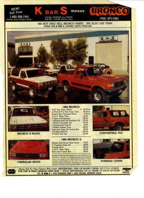 1995 Ford Bronco - Advertisement for K Bar S Bronco parts, 1989 Ford Bronco and Bronco II models.