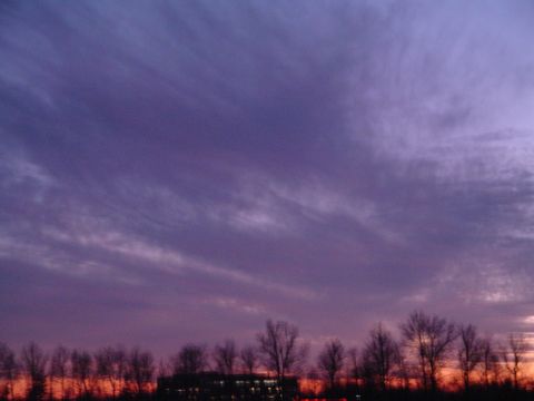 1990 Ford Bronco - The sky displays a dramatic mix of purple and orange hues as the sun sets behind a line of trees and a building.
