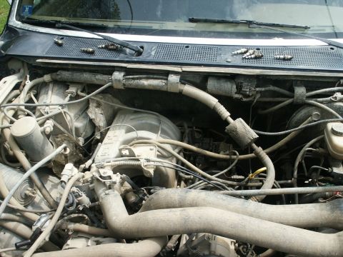 1991 Ford Bronco - Spark plugs are visible on the cowl of the vehicle's engine bay.