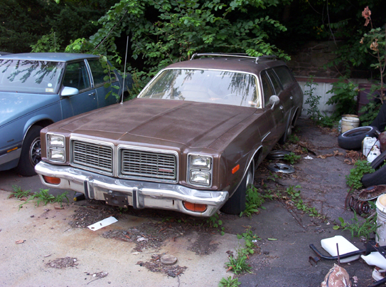 Brown station wagon parked next to a blue car. Grille has horizontal bars and dual headlights