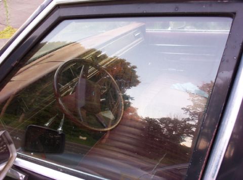 1991 Ford LTD Crown Victoria - Interior view of a car, showing the steering wheel and dashboard area. Reflections are visible on the windshield.