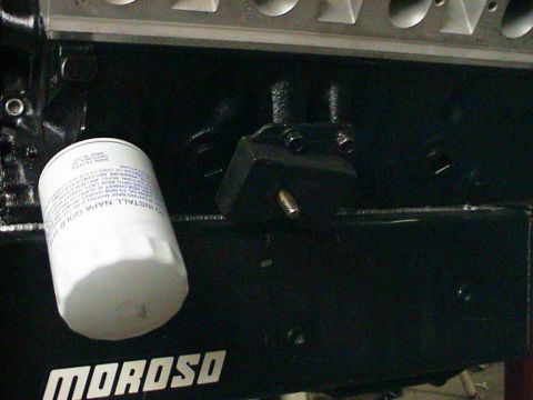 1979 Ford Bronco - Close-up of an engine block showing a new oil filter and the Moroso brand name.