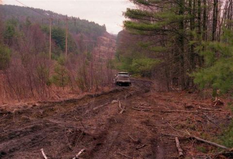 1991 Ford Bronco - A 1991 Ford Bronco navigates a challenging muddy path through a wooded area.