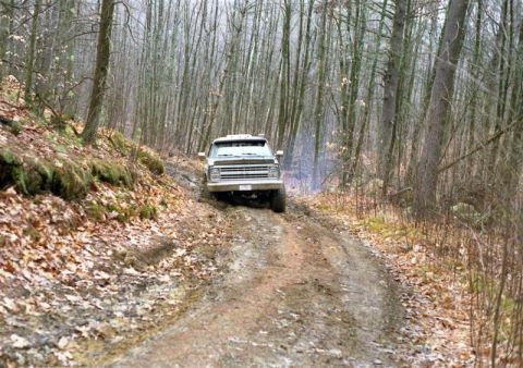 1991 Ford Bronco - A truck navigates a wet, dirt path through a dense forest with bare trees.