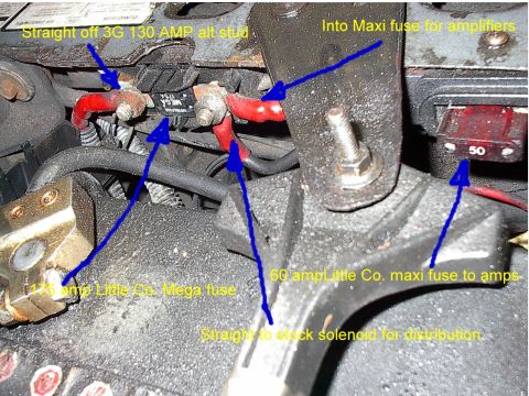 1986 Ford Bronco - The 4 gauge wire runs right from the 3G 130 amp alternator stud to this 175 amp Little Fuse Co. Mega fuse block. From there one 4 gauge goe…