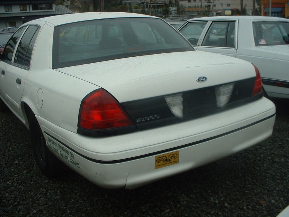 Rear view of a white Ford sedan with a black trim panel between the taillights. Another white car is parked next to it