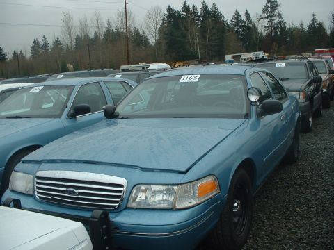 1999 Ford Crown Victoria - Light blue police car in a lot with other vehicles under an overcast sky.