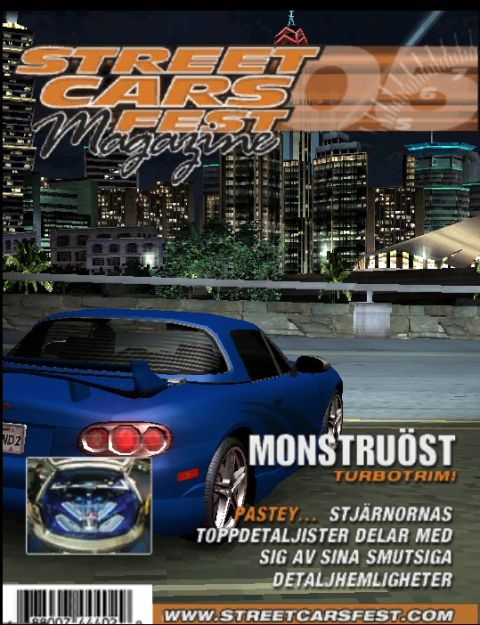 1985 Ford LTD Crown Victoria - A mock magazine cover titled 'Street Cars Fest Magazine' built from a video-game screenshot, showing a blue C5-generation Chevrolet Corvett…