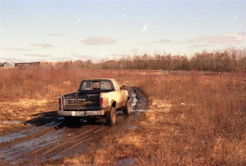 1991 Ford Bronco - Pickup truck navigates a muddy track in a dry, grassy field under a cloudy sky.