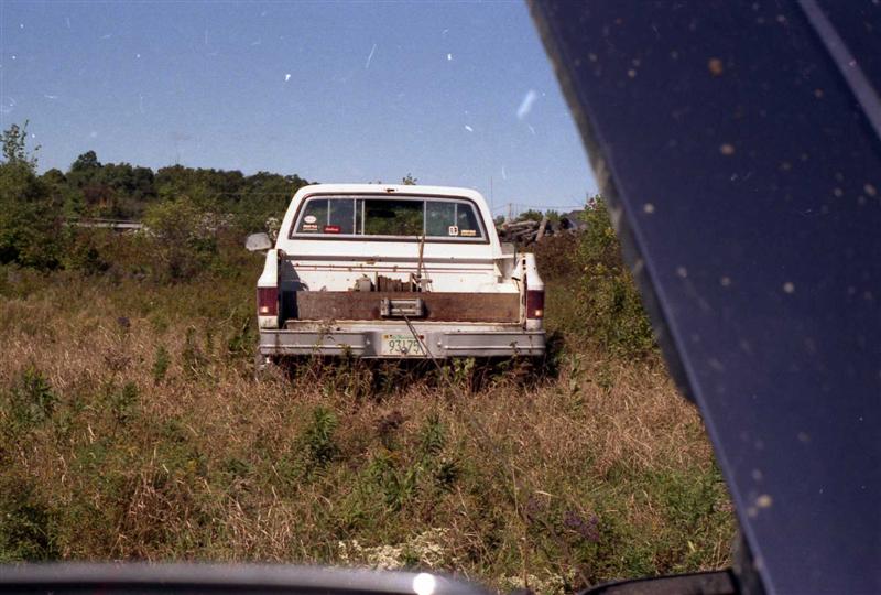 Rear view of a white pickup truck parked in tall grass. License plate is visible