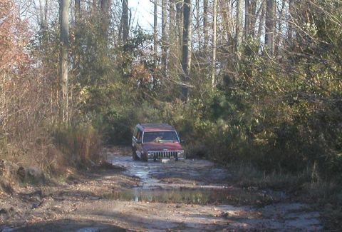 1988 Ford Bronco - A red Jeep Cherokee navigates a muddy, wooded trail, its front tires submerged in water.