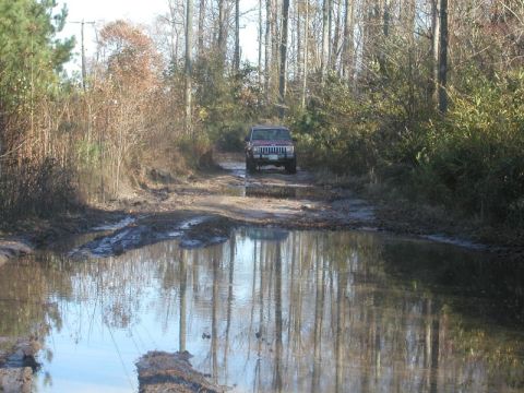 1988 Ford Bronco - A red Jeep Cherokee navigates a waterlogged dirt path surrounded by trees.