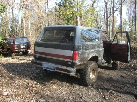 1988 Ford Bronco - A lifted black Ford Bronco with a red and silver stripe is parked in a muddy, wooded area with its driver door open.