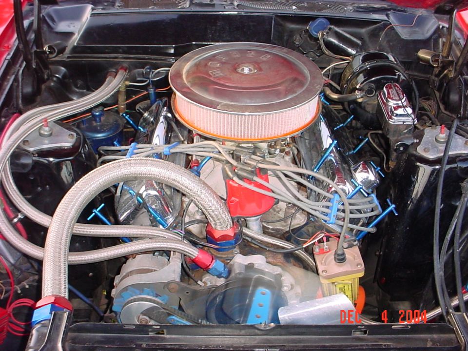 Engine bay of a V8 with chrome air cleaner, braided steel lines and red/blue plug wires under a hood