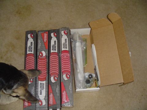 1993 Ford Bronco - Four new shock absorbers are lined up next to an open box containing another shock absorber and mounting hardware.