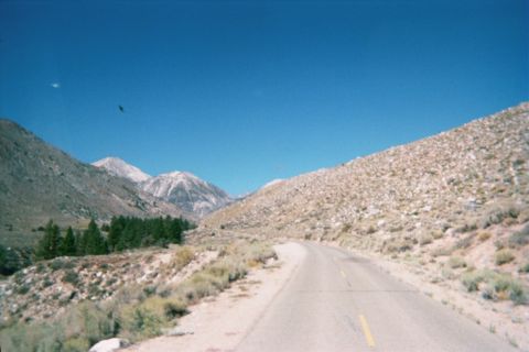 1990 Ford Bronco - two-lane paved road winds through rocky brush-covered hills toward distant snow-capped mountains under a deep blue sky.