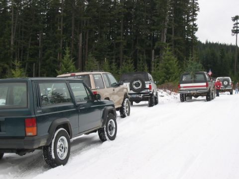 1995 Ford Bronco - A convoy of off-road vehicles travels through a snow-covered forest road, with one vehicle carrying a Christmas tree.