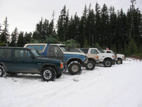 1995 Ford Bronco - A convoy of off-road vehicles loaded with Christmas trees drives through a snowy forest.