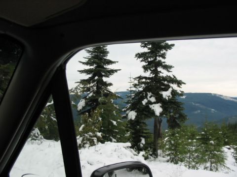 1995 Ford Bronco - Winter scene from inside a vehicle, looking out at snow-covered trees and hills.