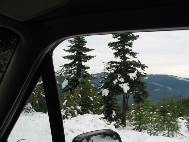 View through vehicle window of snowy evergreens and mountains