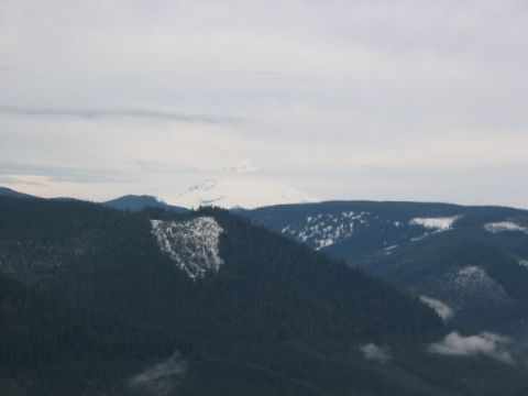 1995 Ford Bronco - A distant snow-covered mountain looms over a , forested landscape under a cloudy sky.