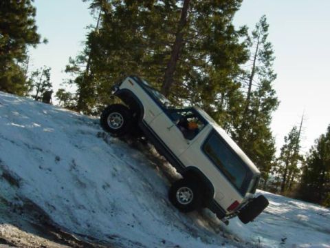 1986 Ford Bronco - This white SUV is navigating a challenging incline covered in snow, with a backdrop of pine trees under a clear sky.
