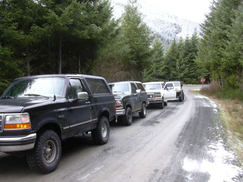 1991 Ford Bronco - A line of Ford Broncos are parked on a gravel road with snow on the ground and trees in the background.