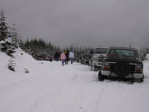 1991 Ford Bronco - A line of vehicles parked in a snowy, wooded area with people walking around.