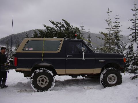 1991 Ford Bronco - A Ford Bronco is loaded with a Christmas tree in a snowy, wooded area.