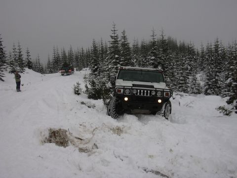 1991 Ford Bronco - Two off-road vehicles navigate a snowy forest trail during winter.