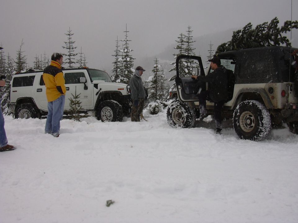 White Hummer H2 and Jeep Wrangler in snowy woods