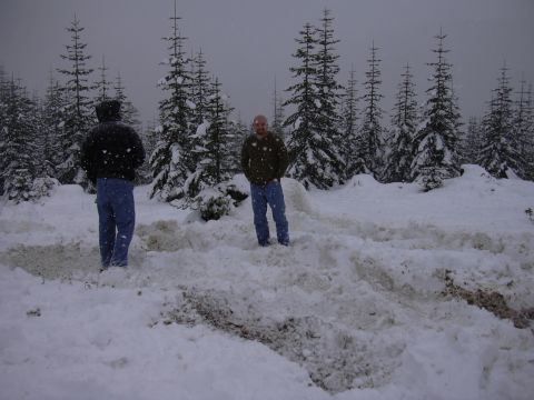 1991 Ford Bronco - Two individuals are in a snowy forest during winter, with trees and snow all around.