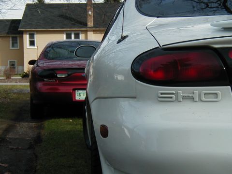 1997 Ford Taurus - Two Ford Taurus cars, a white SHO and a red model, are parked in a driveway.