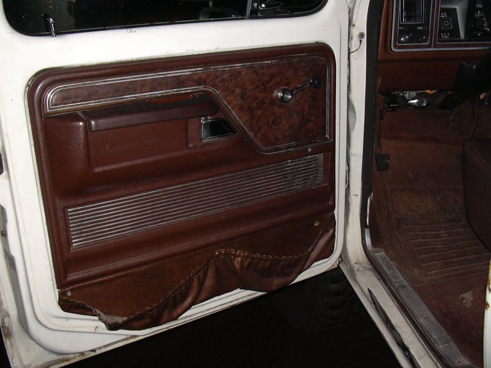 Interior door panel with wood grain trim, chrome handle, and brown upholstery. Dashboard visible on right