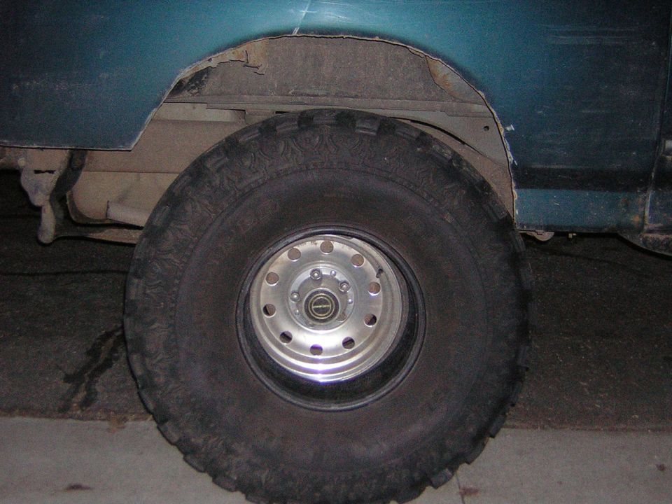 Teal SUV rear wheel and fender well, showing rust and a large tire