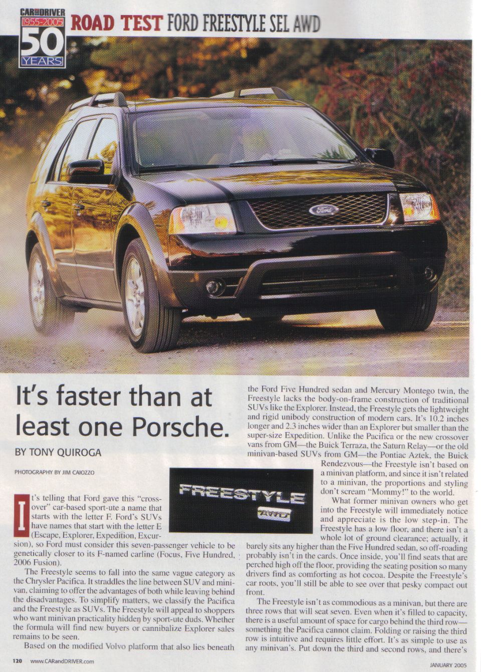 Car and Driver magazine road-test page on Ford Freestyle SEL AWD with black wagon photo