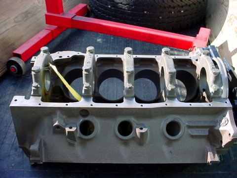 1973 Ford Ranchero - Close-up of an engine block, showing the main bearing journals and bolt holes.