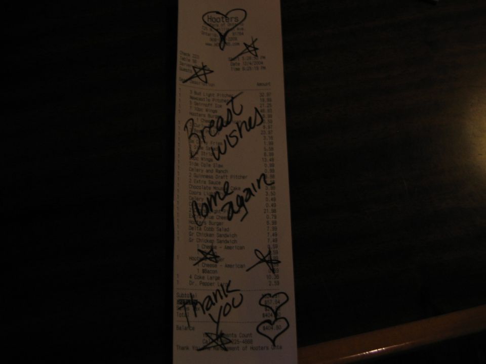 Hooters receipt with handwritten notes 'Breast wishes', 'Come again', and 'Thank you'