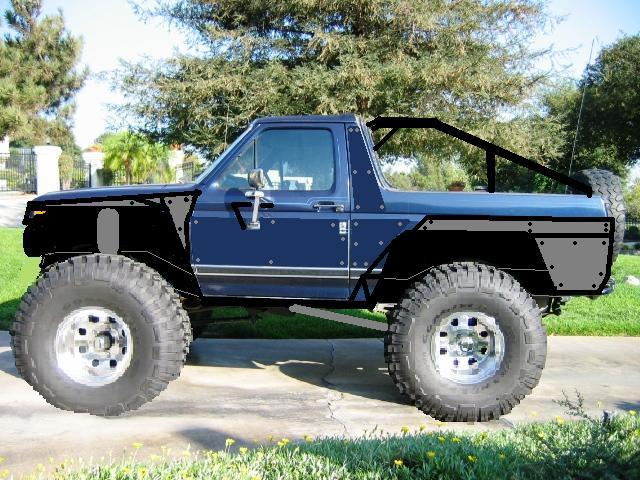 Lifted blue and black Ford Bronco with roll bar and big off-road tires, side view on driveway