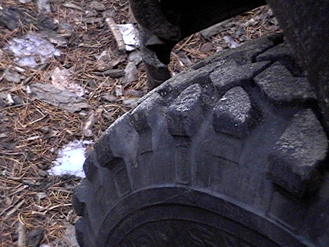 Close-up of an off-road tire with aggressive tread, resting on a forest floor with pine needles and bark