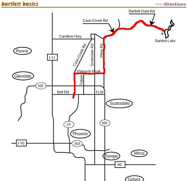 Road map showing Phoenix-area driving directions to Bartlett Lake in red