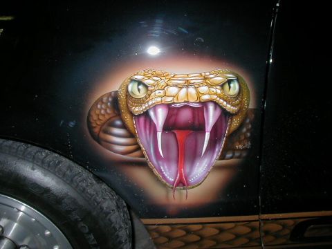 1978 Ford Mustang II - Custom airbrushed cobra snake art adorns the side of a black vehicle, with a portion of the tire and wheel visible.