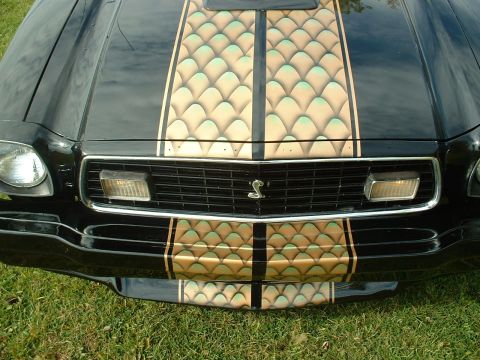 1978 Ford Mustang II - Front view of a 1978 Ford Mustang II Cobra II custom airbrushed stripes.