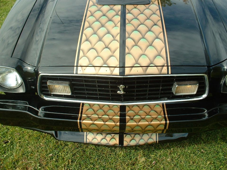 1978 Ford Mustang II Cobra II front end with custom scale pattern stripes on hood and bumper