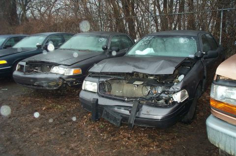 1991 Ford LTD Crown Victoria - Multiple wrecked Ford Crown Victorias sit in a lot, showing significant front-end damage.