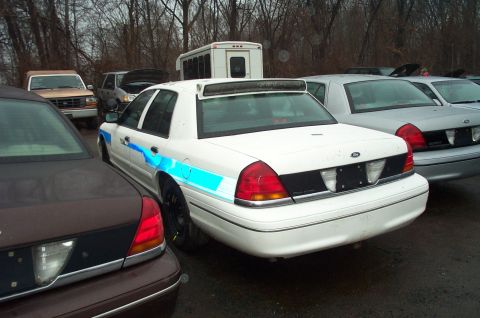 1991 Ford LTD Crown Victoria - A white Ford Crown Victoria with a blue stripe is parked in a lot with other vehicles.