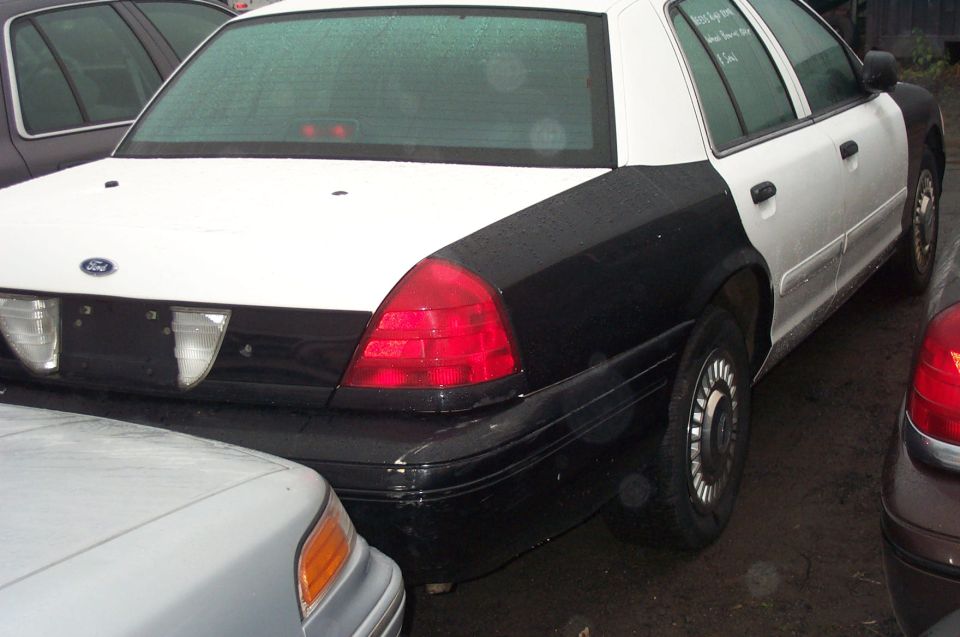 Rear of black and white Ford Crown Victoria police car, parked next to other vehicles