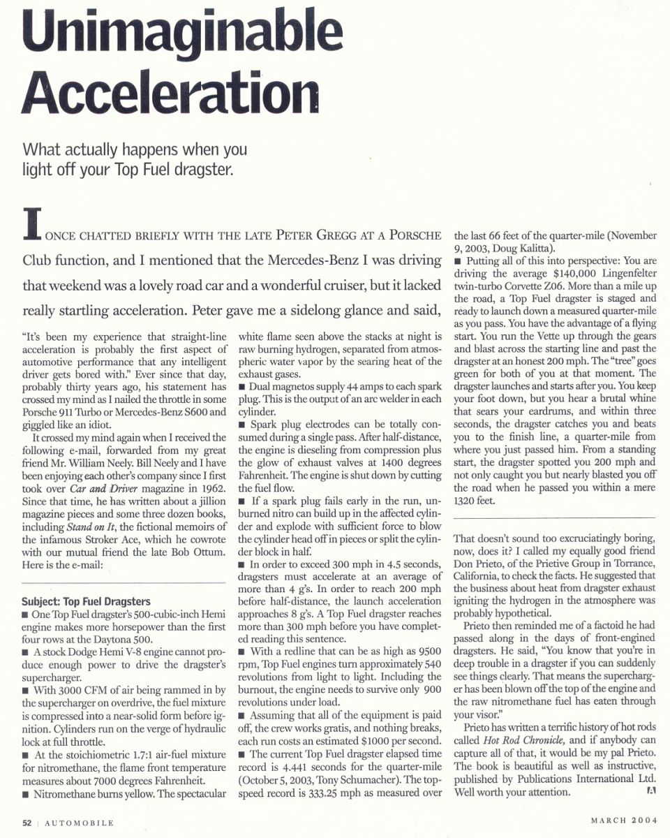 Automobile magazine article Unimaginable Acceleration on what happens when a Top Fuel dragster launches
