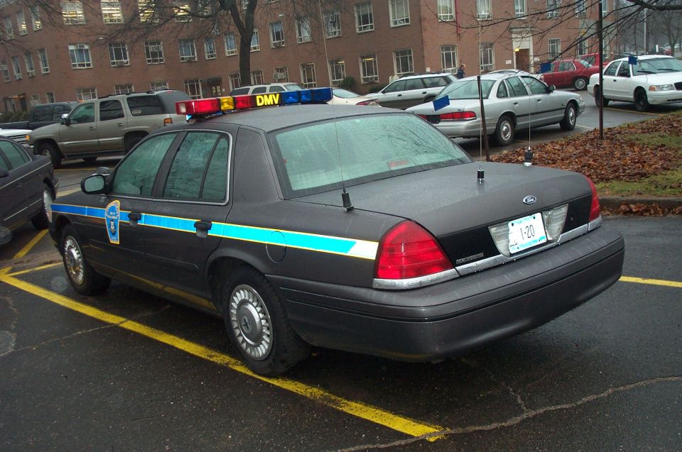 Dark police car with light bar and blue/yellow stripe, parked in yellow lines. License plate 1-20